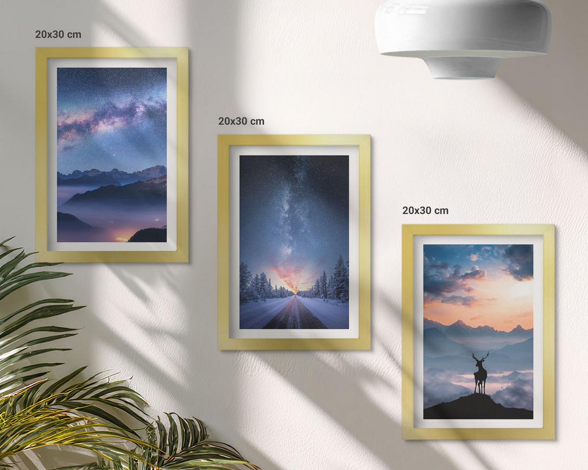 BILDER SET 3er Set - 20x30 cm Goldrahmen - Nachthimmel Berge Nebel Hirsch - Goldfarben, Kunststoff (20/30cm) - TULUP