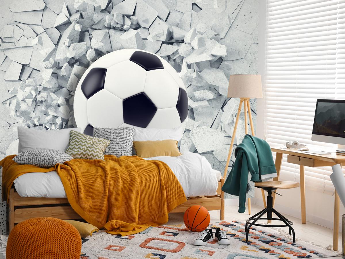 FOTOTAPETE für Kinderzimmer Fußball Riss Graue Wand Dynamik Sport 300x210 - Schwarz/Weiß, Papier (300/210cm) - Muralo