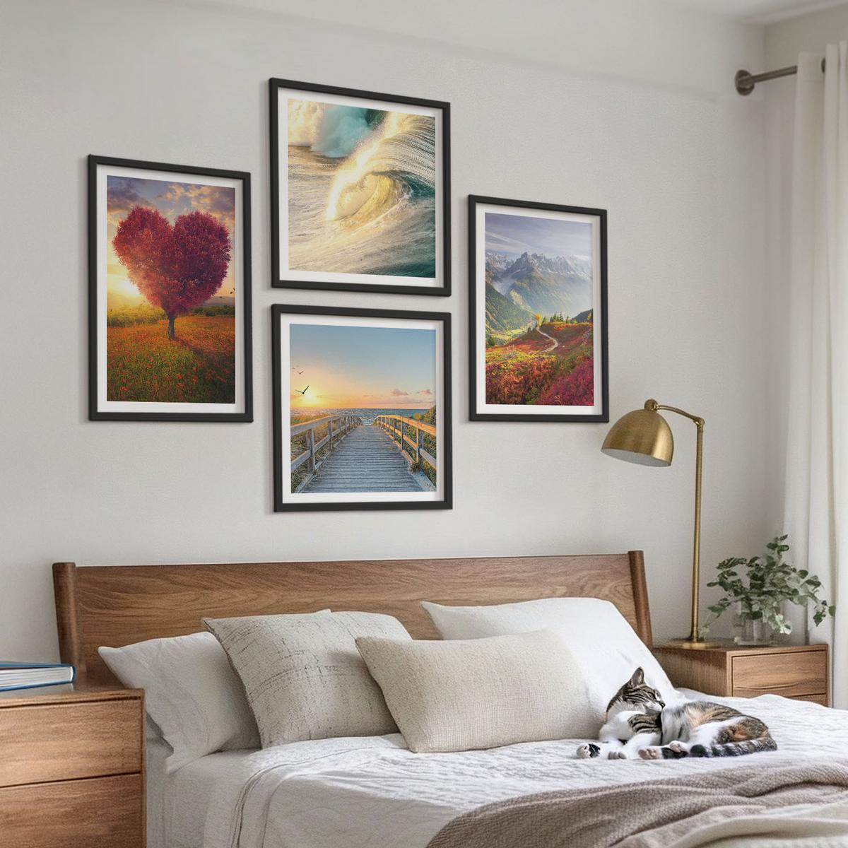 BILDER SET 4er Set - 50x50 cm & 40x60 cm Schwarzer Rahmen - Landschaften Berge Wellen Baum Herz Pier - Schwarz, Kunststoff (50/50cm) - TULUP