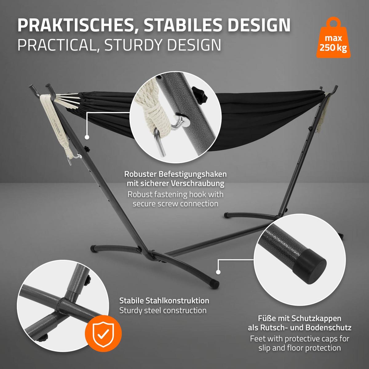 HÄNGEMATTE Doppel Schwarz mit Stahlgestell - Schwarz, Metall (99/98/255cm) - ML-DESIGN