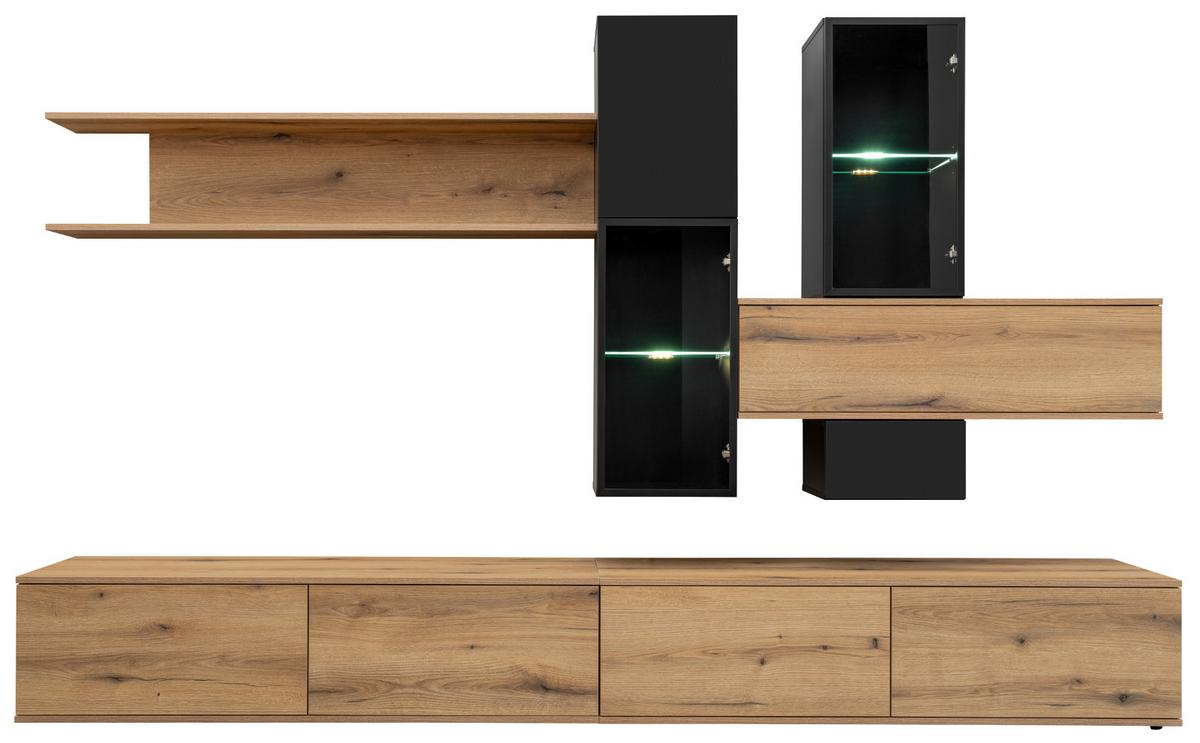 WOHNWAND Eiche, schwarz 280 cm, Schrankwand mit Push-to-Open inklusive Beleuchtung - Eichefarben/Schwarz, Glas/Holzwerkstoff (280/180/45cm) - Furn.Design