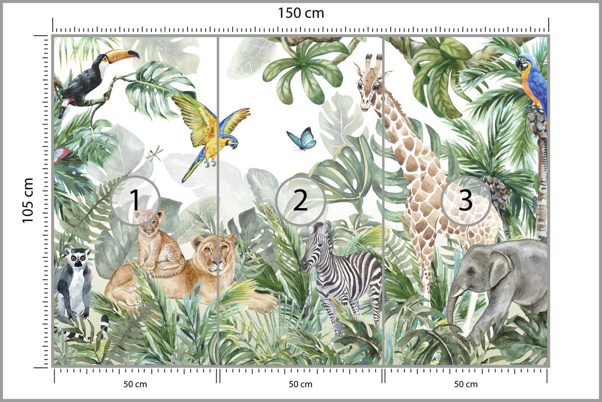 FOTOTAPETE für Kinderzimmer Tropen Dschungel Tiere Palmen Monstera 150x105 - Beige/Orange, Papier (150/105cm) - Muralo