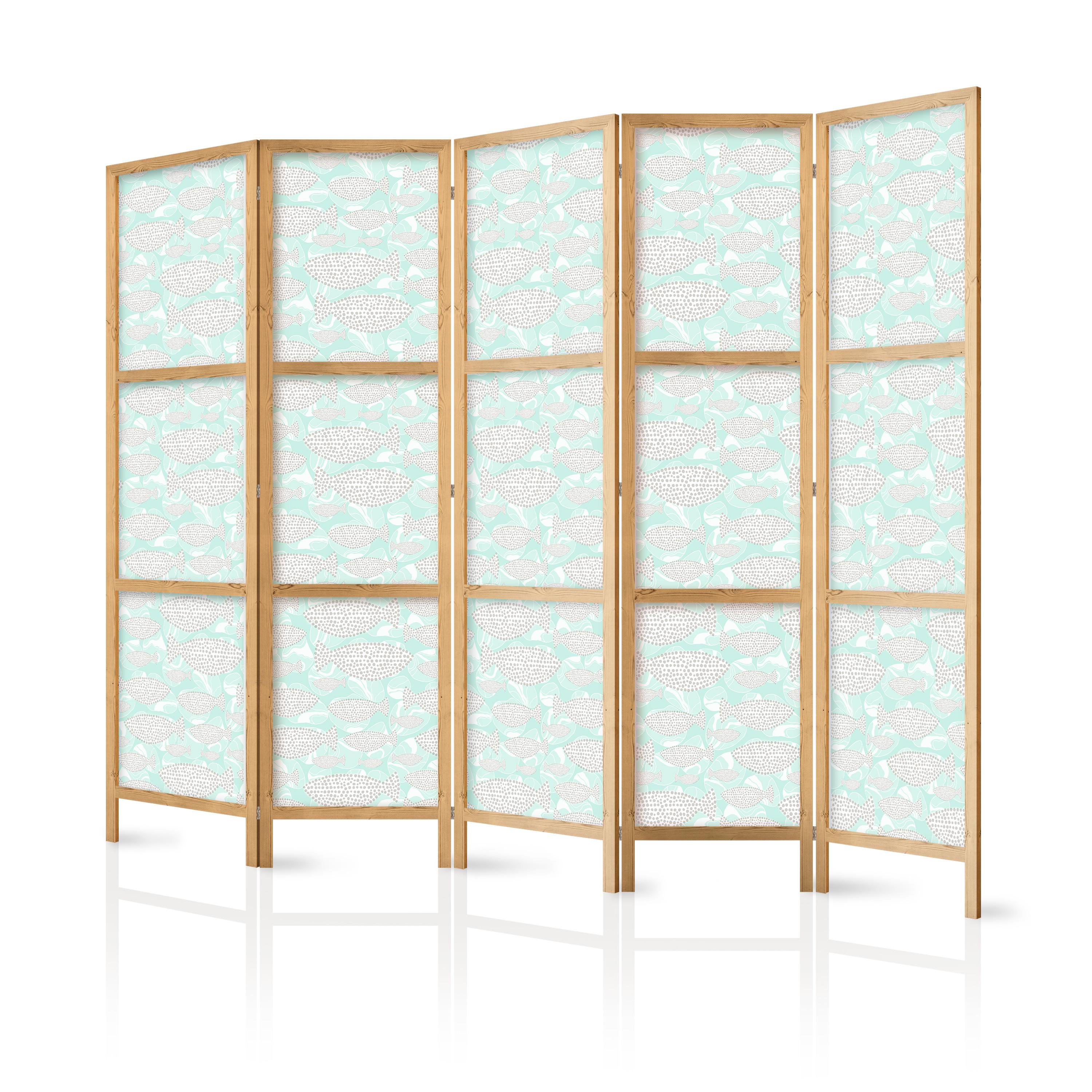 PARAVENT Japanischer 5-tlg 225x172 cm Gepunktete Fische - Grün, Holz/Textil (225/172/3cm) - Muralo