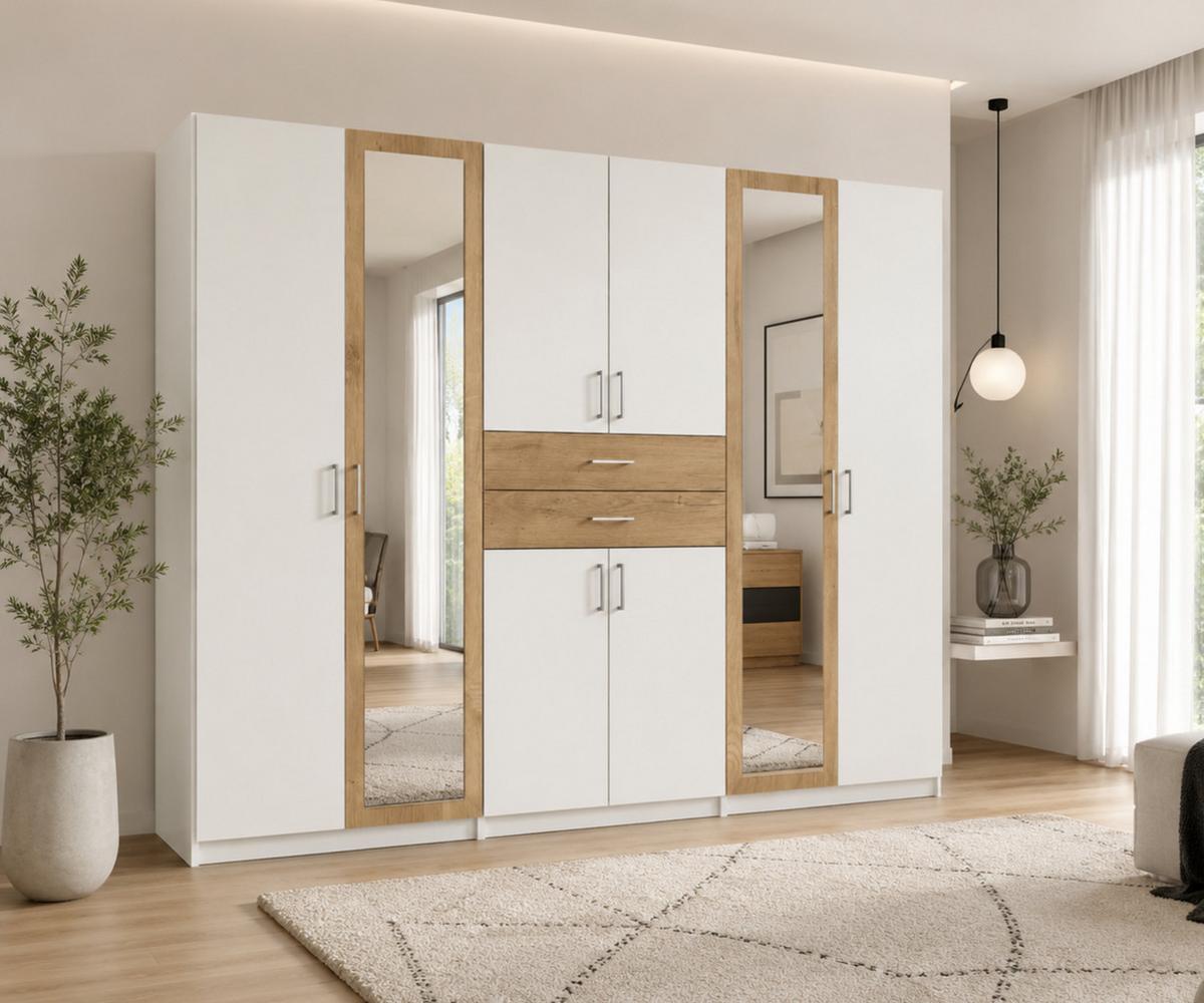 DREHTÜRENSCHRANK B270/H208/T58 cm Weiß mit Absetzungen in Eiche Dekor, Kleiderschrank mit 2 Spiegeltüren & Schubkästen / 22595 - Eichefarben/Silberfarben, Holzwerkstoff/Kunststoff (270/208/58cm) - luma-home
