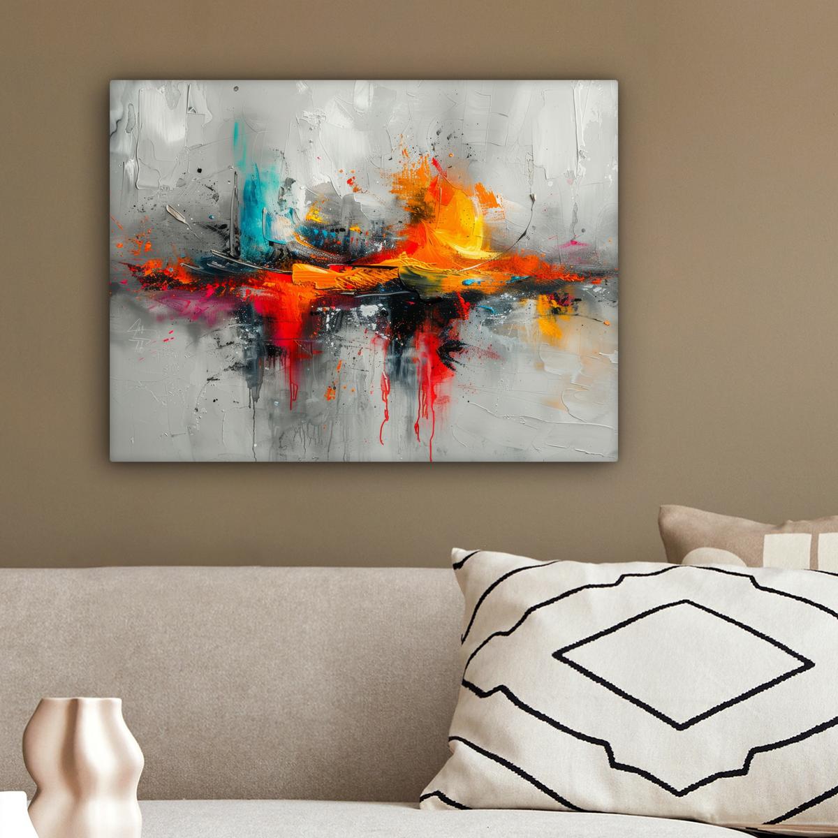 LEINWANDBILD Moderne Kunst - Orange - Grau - Abstrakt Wandbild 40x30 cm - Hellgrau, Textil (40/30cm) - MuchoWow