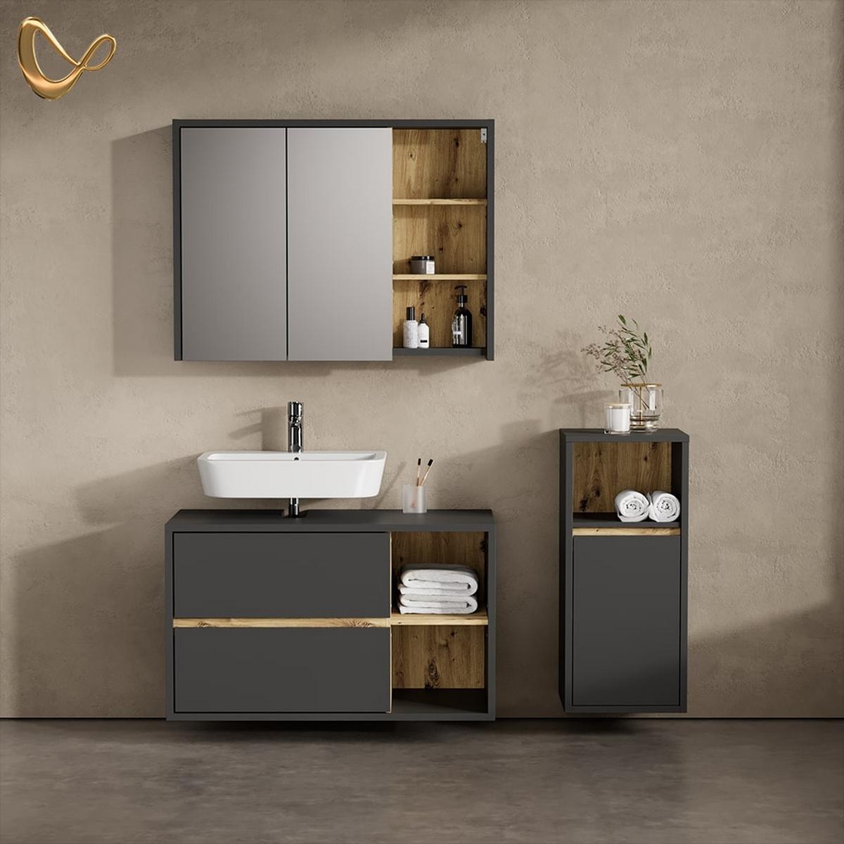 BADMÖBEL-SET Vomano Anthrazit 3 Teile, mit Midischrank - Anthrazit, Holzwerkstoff (100/75/45cm) - Livinity®