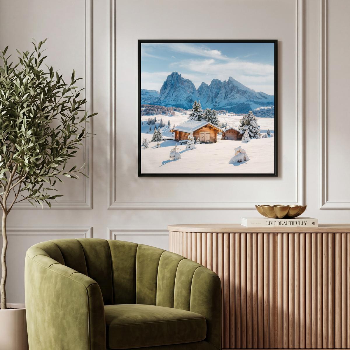 LEINWAND Bilder mit Rahmen - Winter - Hütte - Berge - Aussicht - Schnee - 50x50 - Eichefarben, Textil (50/50cm) - MuchoWow