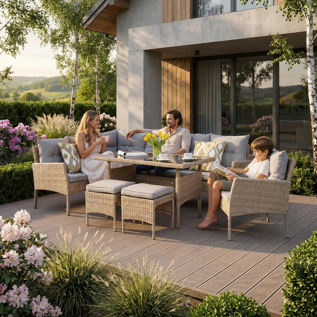 GARTENSET Calista, Technorattan, 2 Ecksofas + Sessel + 2 Hocker + Esstisch, für 7 Personen - Beige, Kunststoff - Beautysofa