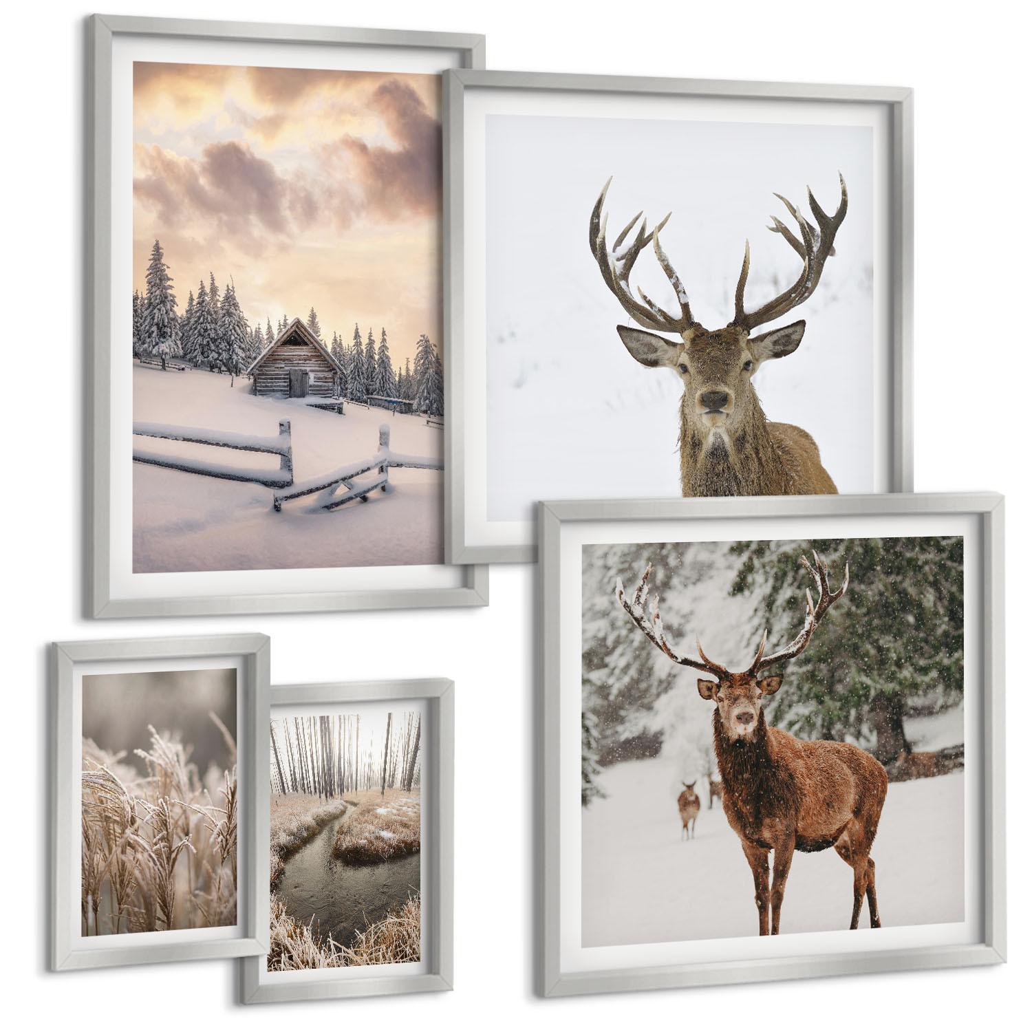 BILDER SET 5er Set - 50x50 cm & 20x30 cm & 40x60 cm Silberner Rahmen - Winterlandschaft mit Hirschen - Silberfarben, Kunststoff (40/60cm) - TULUP