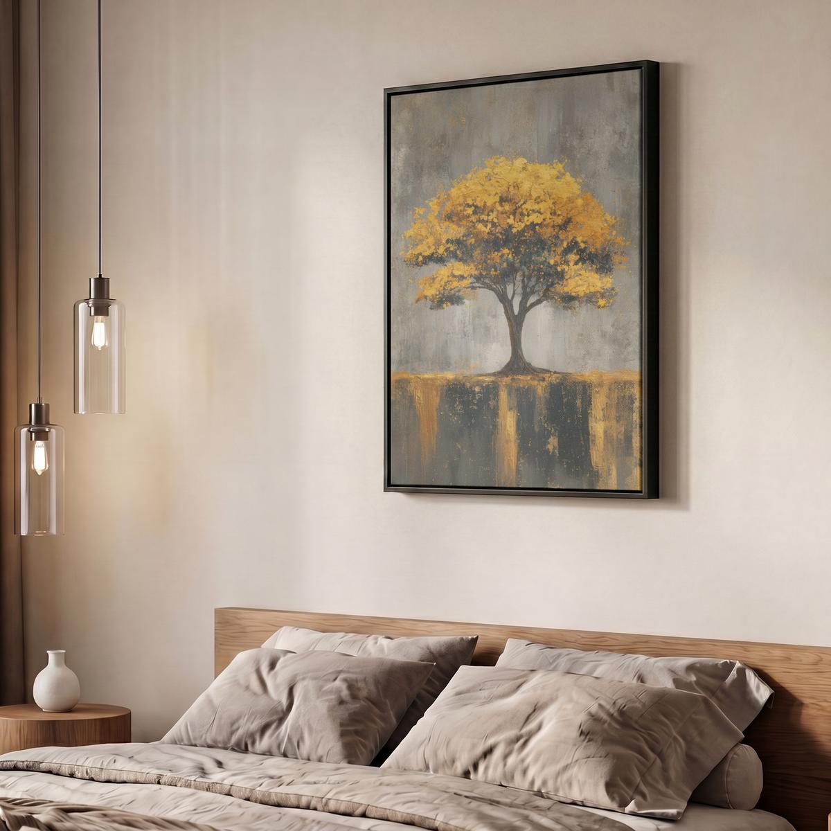 LEINWAND Bilder mit Rahmen - Baum - Blätter - Gold - Abstrakt - 60x80 - Grau, Textil (60/80cm) - MuchoWow