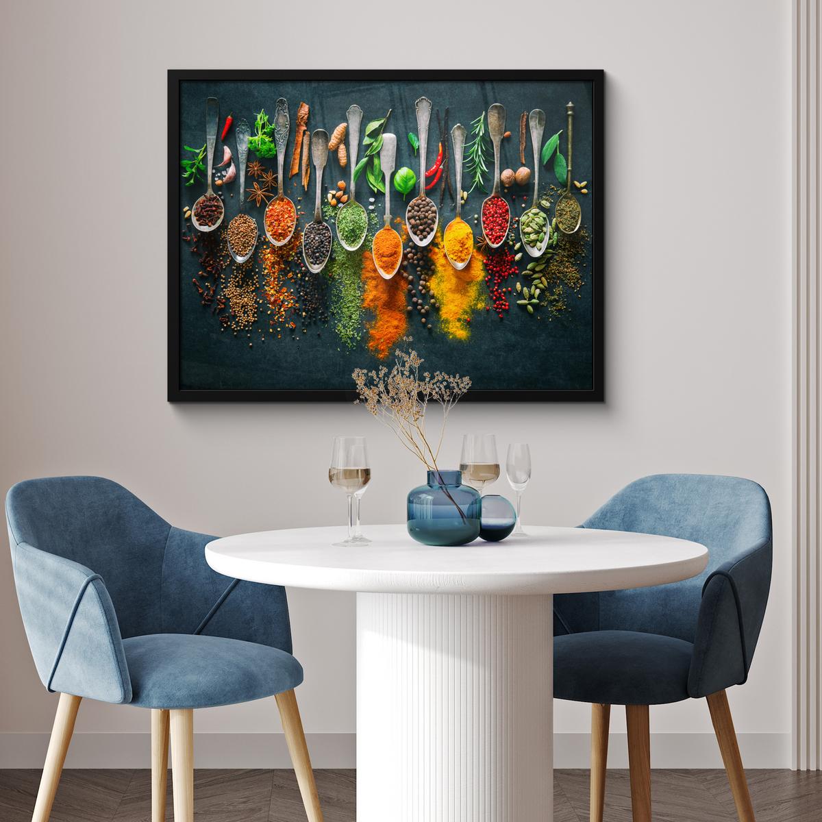 POSTER MIT RAHMENGERAHMTES BILD Kräuter - Gewürze - Löffel 80x60 cm - Currygelb, Papier (80/60cm) - MuchoWow
