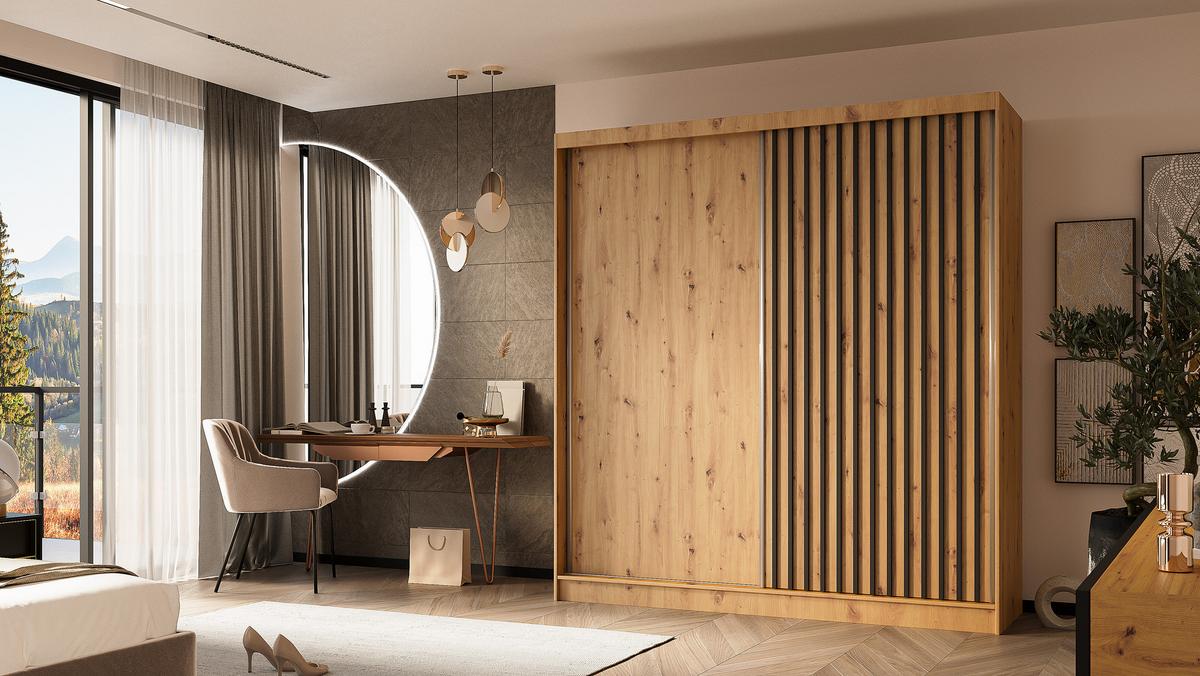 KLEIDERSCHRANK mit furnierten Schiebetüren und Aluminium-Leisten, LED-Beleuchtung - LABELO - 200 cm Artisan+Artisan+Schwarz - Schwarz/Eiche Artisan, Holzwerkstoff (200/216/61cm) - ALTDECOR