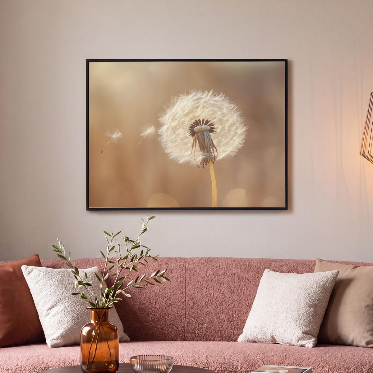 LEINWAND Bilder mit Rahmen - Löwenzahn - Beige - Natur - Blume - 80x60 - Hellbraun, Textil (80/60cm) - MuchoWow
