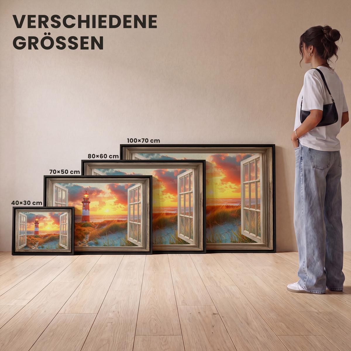 LEINWAND Bilder mit Rahmen - Aussicht - Fenster - Leuchtturm - Sonnenuntergang - Strand - 40x30 - Dunkelorange, Textil (40/30cm) - MuchoWow