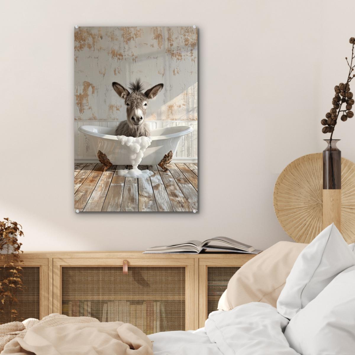 ACRYLGLASBILD Esel - Tiere - Badewanne - Schaumstoff Wanddeko Wohnzimmer 40x60 cm - Weiß, Glas (40/60cm) - MuchoWow