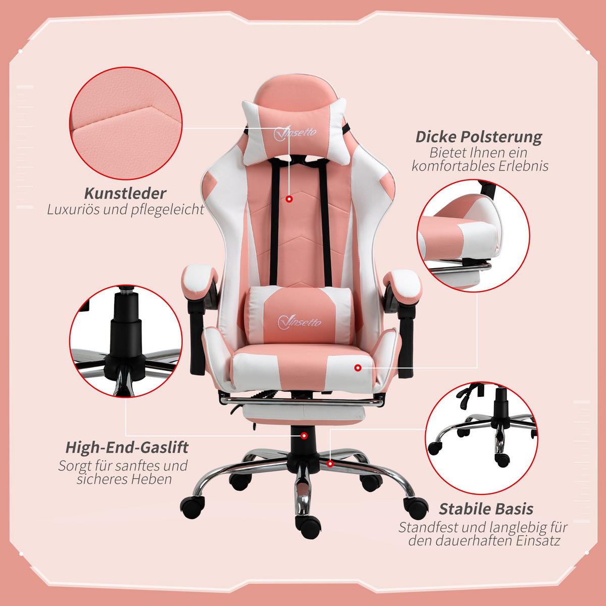 GAMINGSTUHL, Kunstleder, PVC, Rosa+Weiß - Multicolor, Kunststoff (67/127/64cm) - Vinsetto