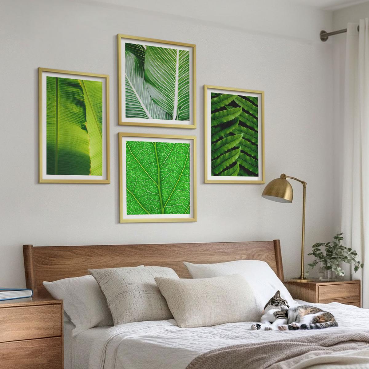 BILDER SET 4er Set - 50x50 cm & 40x60 cm Goldrahmen - Nahaufnahme von tropischen Blättern - Goldfarben, Kunststoff (50/50cm) - TULUP