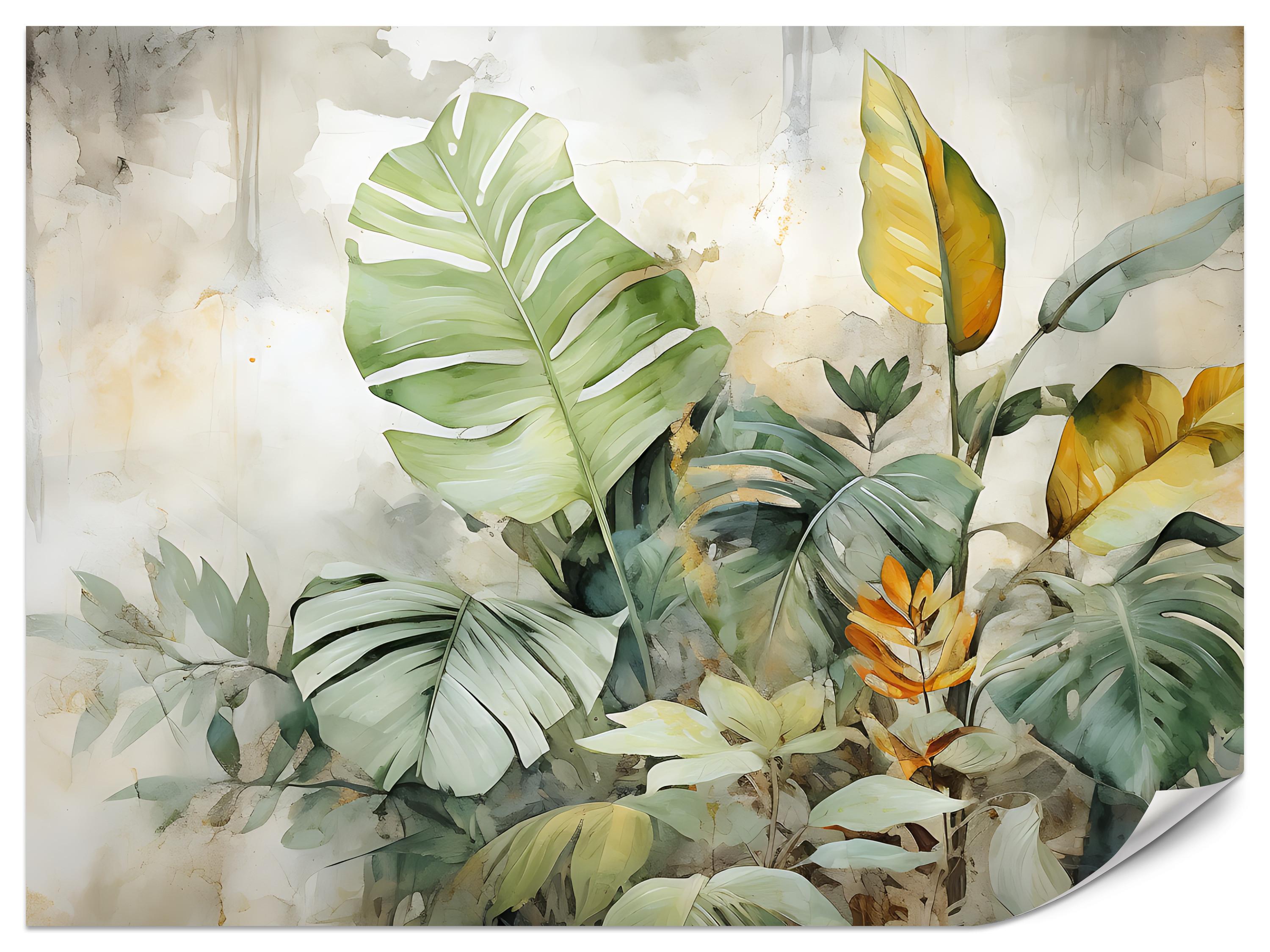 FOTOTAPETE für Wohnzimmer Tropische Blätter Aquarell Abstrakt 450x315 - Gelb/Beige, Papier (450/315cm) - Muralo