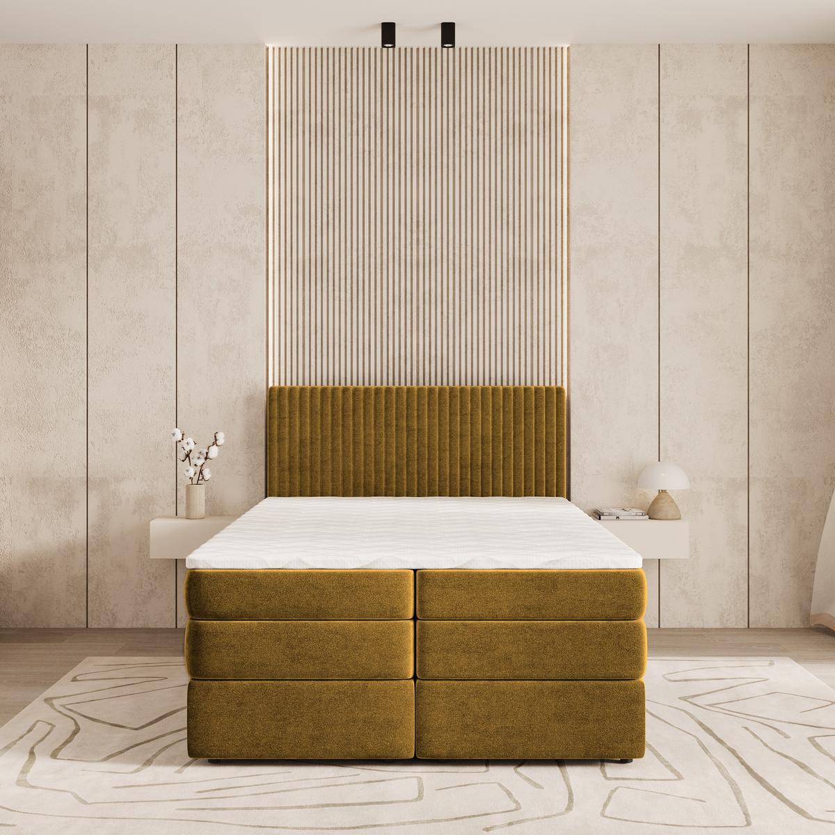 BOXSPRINGBETT FELBIO 140x200 cm mit Matratze und Topper - Gelb - Gelb, Holz (140/200cm) - MASSENO