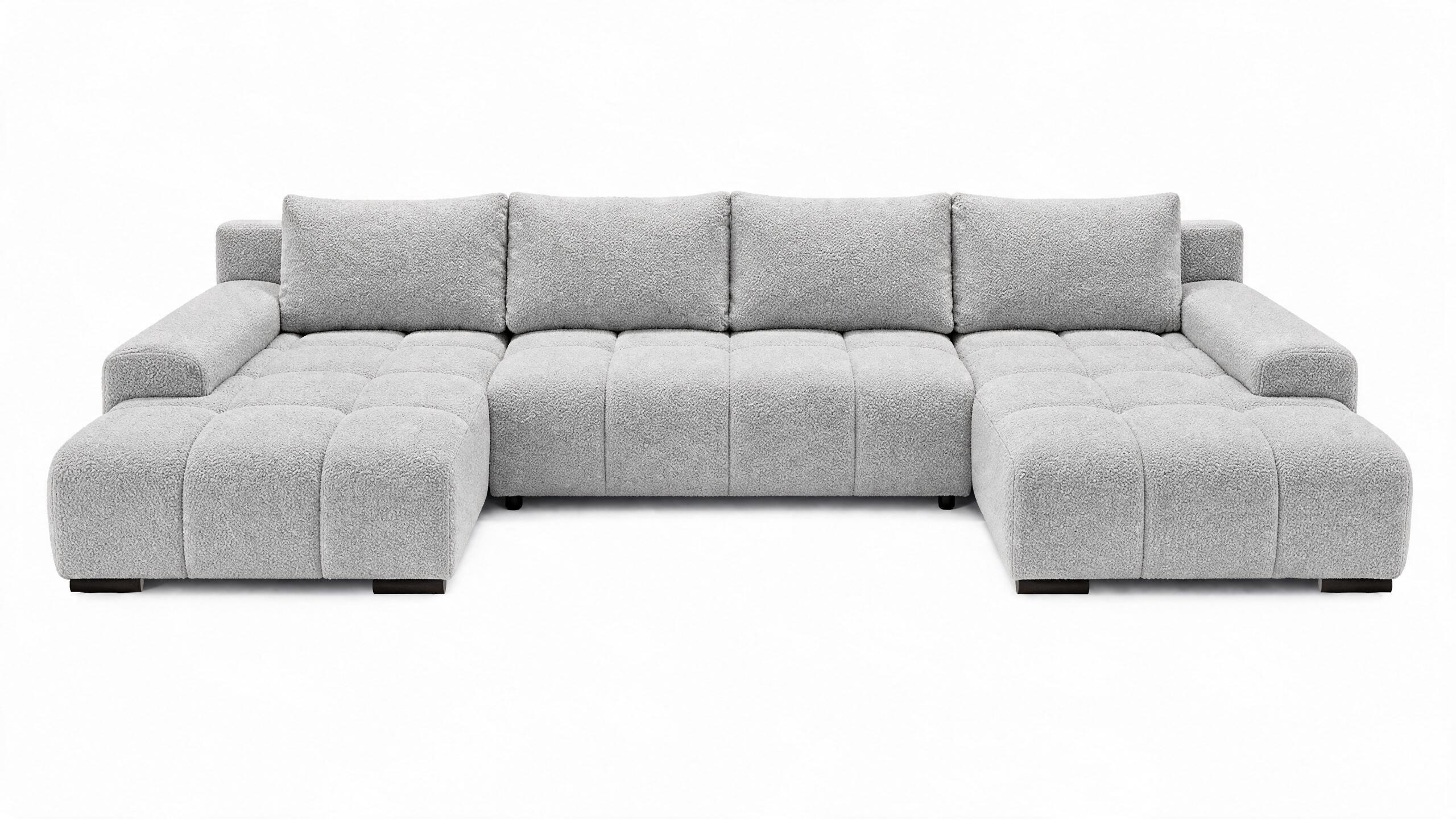 WOHNLANDSCHAFT OVIA U mit Bettkasten und Schlaffunktion, Bouclé-Stoff in U-Form - Hellgrau, Textil (350/80/185cm)