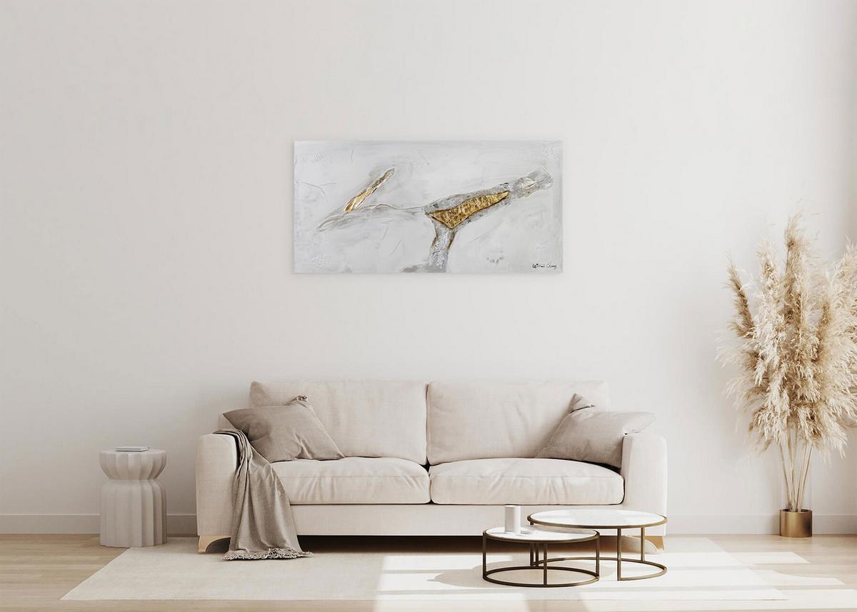 ACRYLBILD HANDGEMALT 100/50 cm - Goldfarben/Weiß, Holz/Textil (100/50cm) - KUNSTLOFT