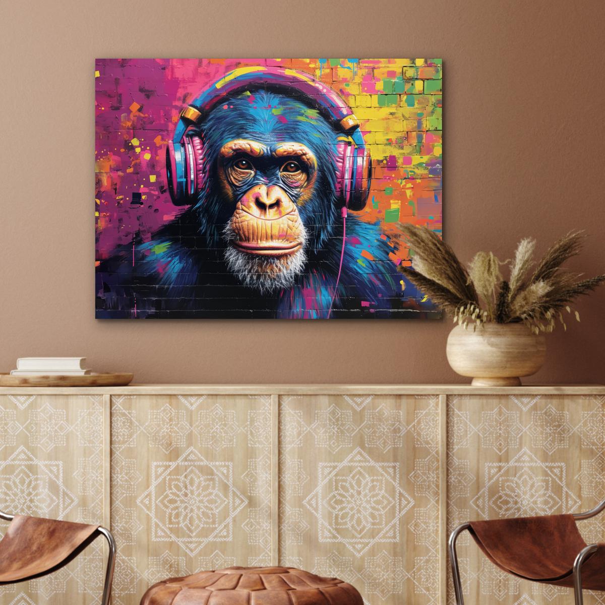 METALLBILD Graffiti - Schimpanse - Straßenkunst - Kopfhörer - Affe 80x60 cm - Blau, Metall (80/60cm) - MuchoWow