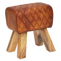 SITZHOCKER – Echtleder, Rautenmuster, robust - Braun, Mangoholz/Leder (40/48/27cm) - KADIMA DESIGN