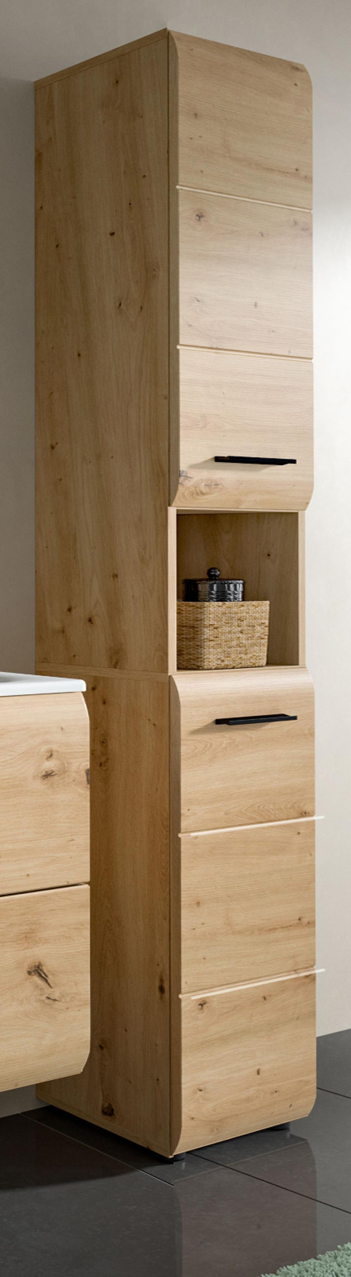 HOCHSCHRANK Eiche Artisan, Badschrank 30 x 185 cm, 7 Fächer, Türanschlag wechselbar - Schwarz/Eiche Artisan, Holzwerkstoff/Kunststoff (30/185/30cm) - Inn.Furn