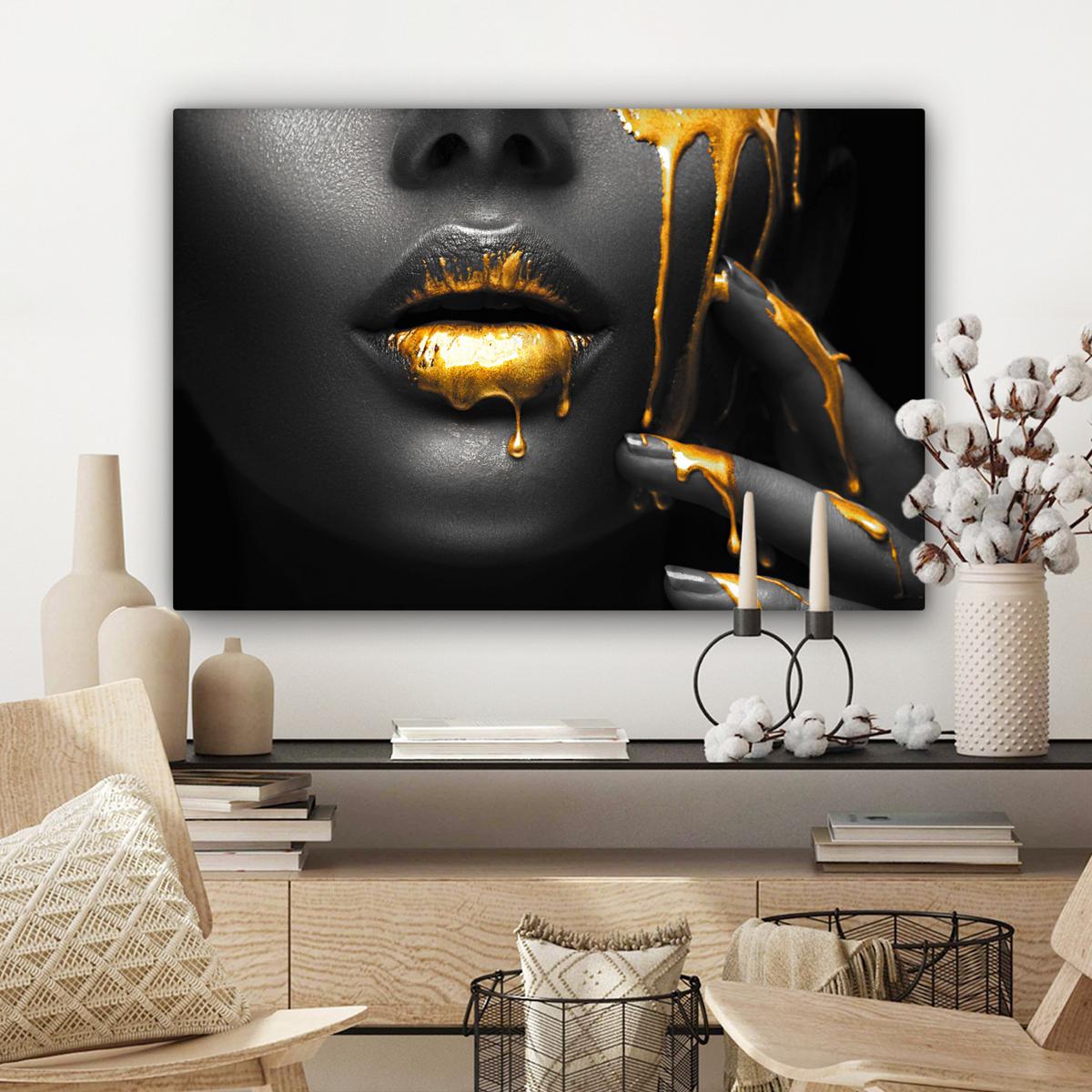 LEINWANDBILD Frau - Schwarz - Gold - Gesicht - Lippen Gemälde 60x40 cm - Goldfarben, Textil (60/40cm) - MuchoWow
