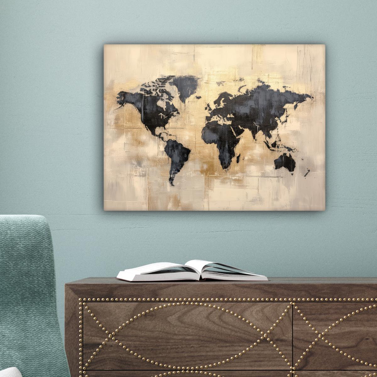 LEINWANDBILD Weltkarte - Gold - Schwarz - Abstrakt Wandbild 40x30 cm - Kupferfarben, Textil (40/30cm) - MuchoWow