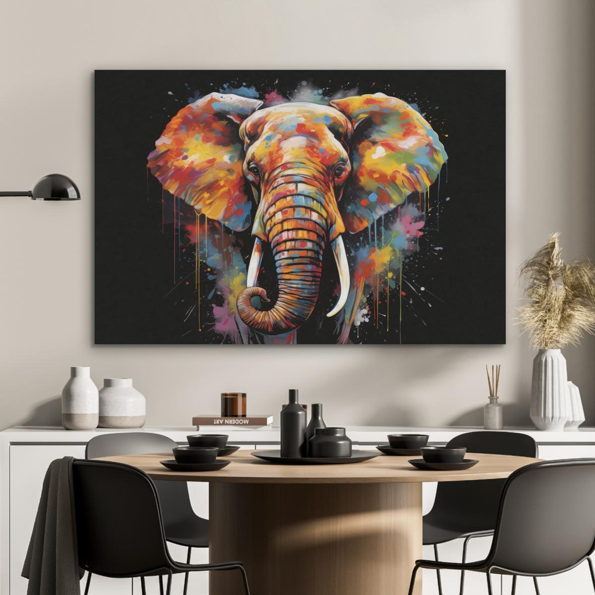 AKUSTIKBILD Elefant - Graffiti - Schwarz - Tiere - Farben Wandbild Wohnzimmer 100x70 cm - Schwarz, Kunststoff (100/70/0.9cm) - MuchoWow
