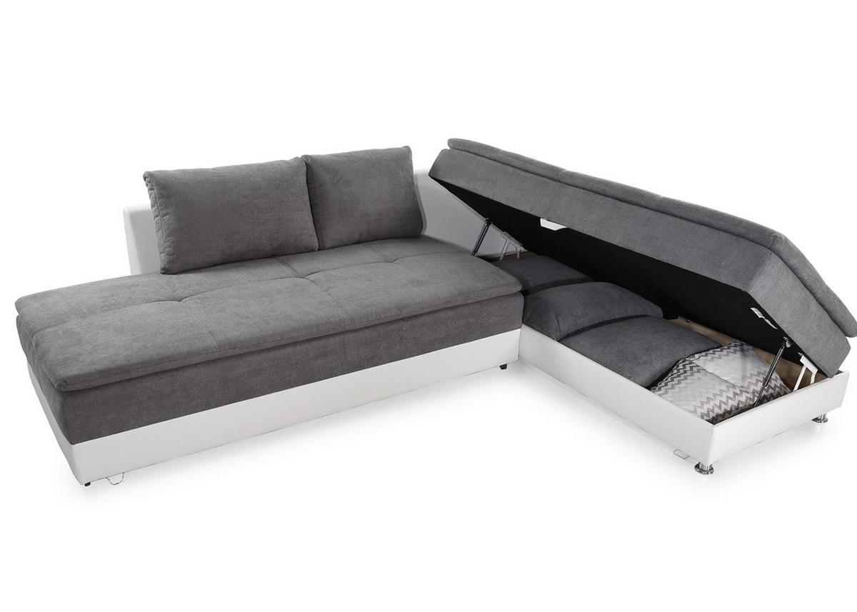ECKSOFA-DAUERSCHLÄFER Doppelbett Boxspring Federkern Topper, Schwenkteil links B306/T223/H95 cm, Kunstleder Weiß+ Mikrofaser Hellgrau / 15103 - Chromfarben/Hellgrau, Kunststoff/Textil (306/223cm) - luma-home