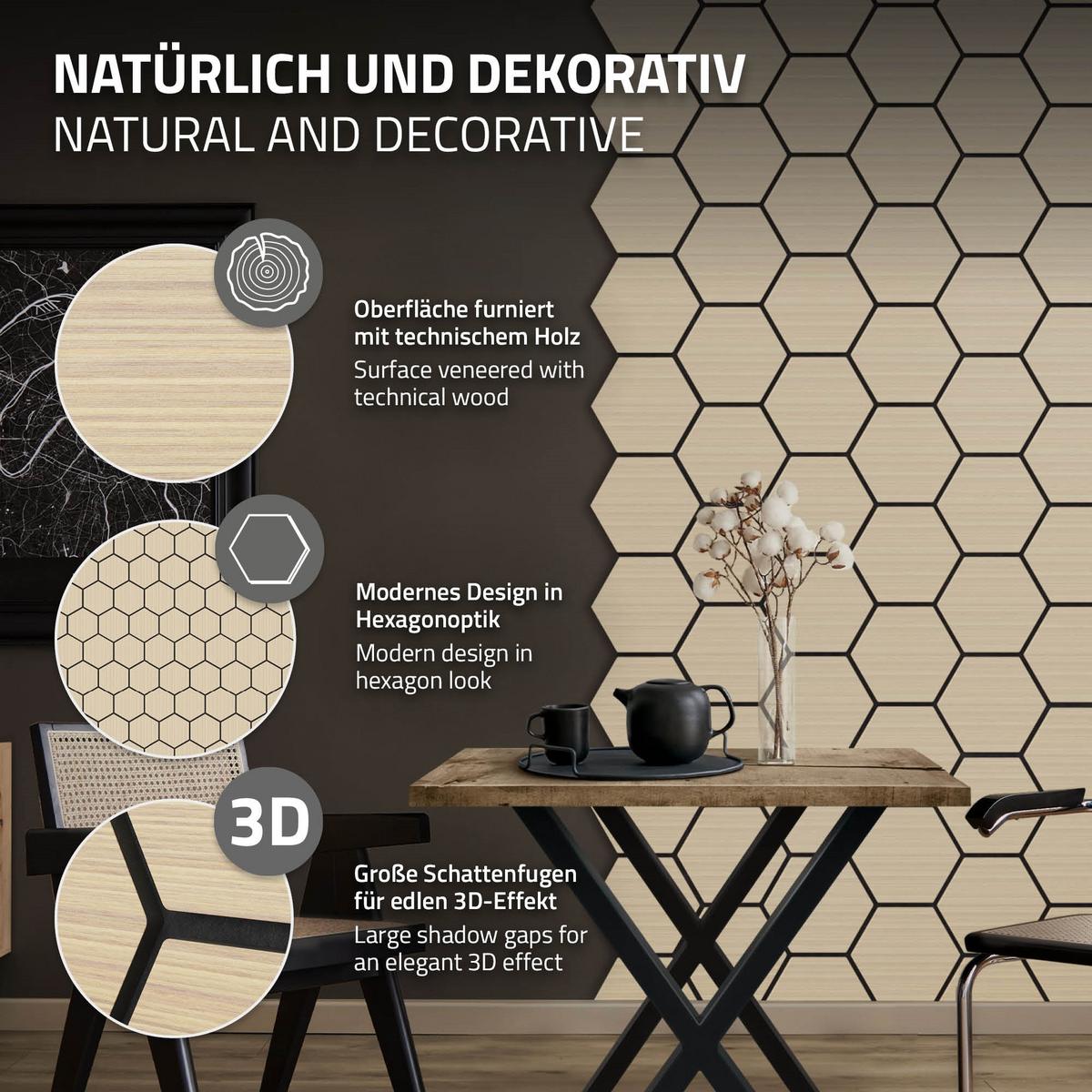 AKUSTIKPANEEL 2er Set Schallschutzplatten Hexagon Eiche Holzoptik 66x81x2 cm aus Filz - Hellbraun, Holzwerkstoff (2.1/81.1/66.6cm) - ML-DESIGN