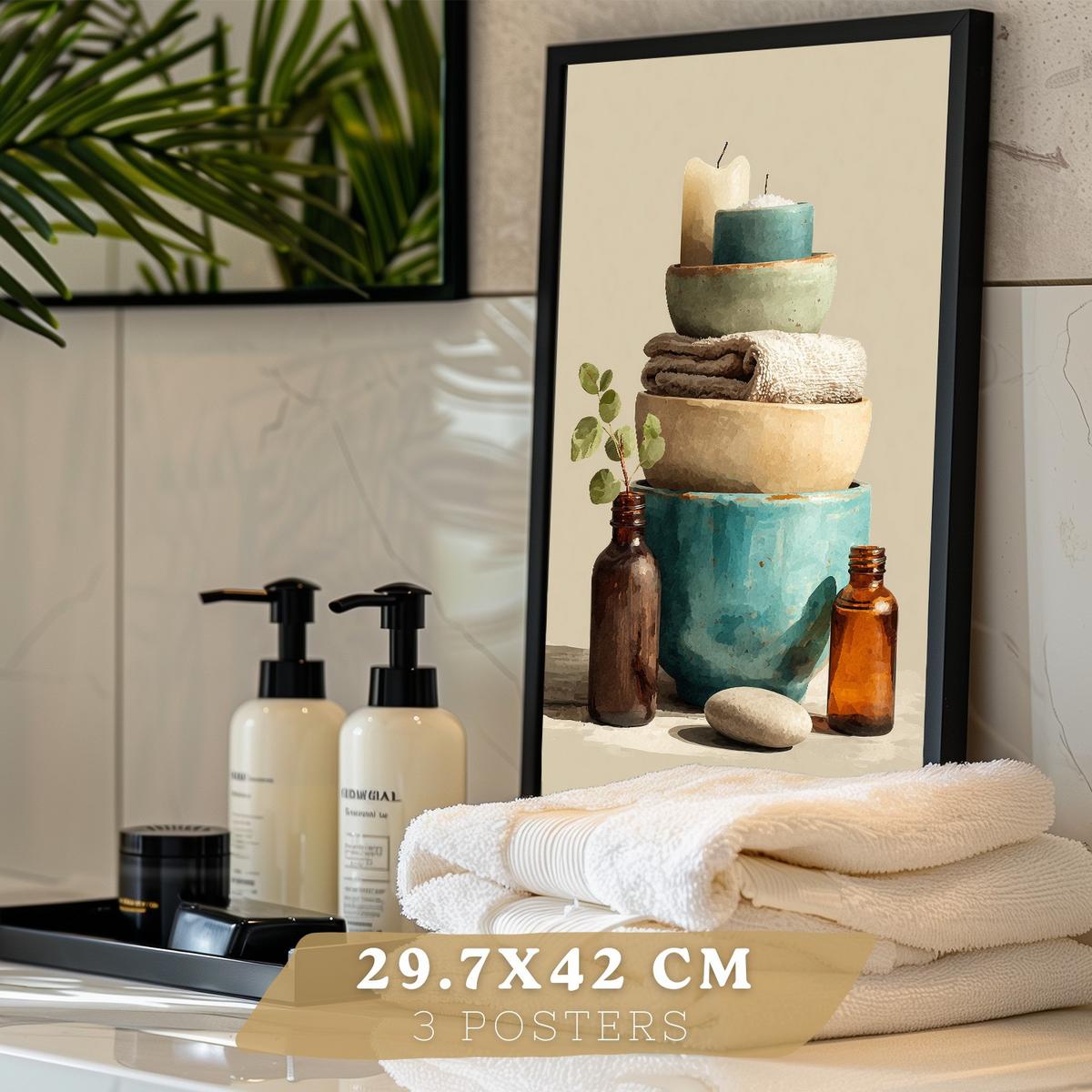 POSTER 3er-Set dekorative Badezimmerbilder im natürlichen Spa-Stil, Motive mit Handtüchern, Kerzen minimalistisches, Schwarzer Rahmen A3 - Schwarz, Papier (42/29.7/3cm) - Nacnic