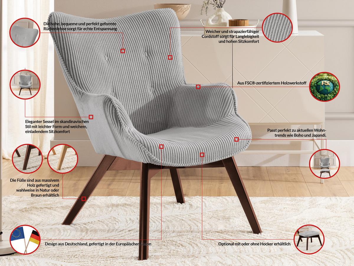LOUNGESESSEL mit Fußhocker Lenari Hellgrau Cordstoff mit Füßen in Braun - Hellgrau/Braun, Holz/Textil (71/96/86cm) - S-Style Möbel