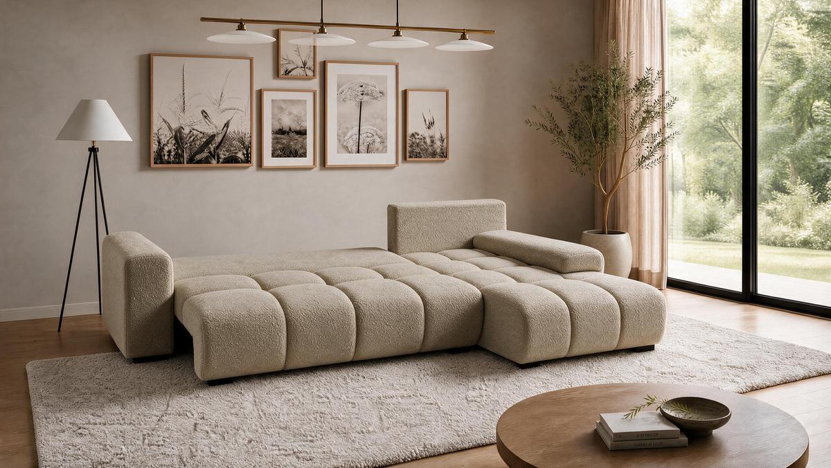 ECKSOFA Ovia mit Bettkasten und Schlaffunktion, Bouclé-Stoff in L-Form - Cappuccino, Textil (270/185cm)