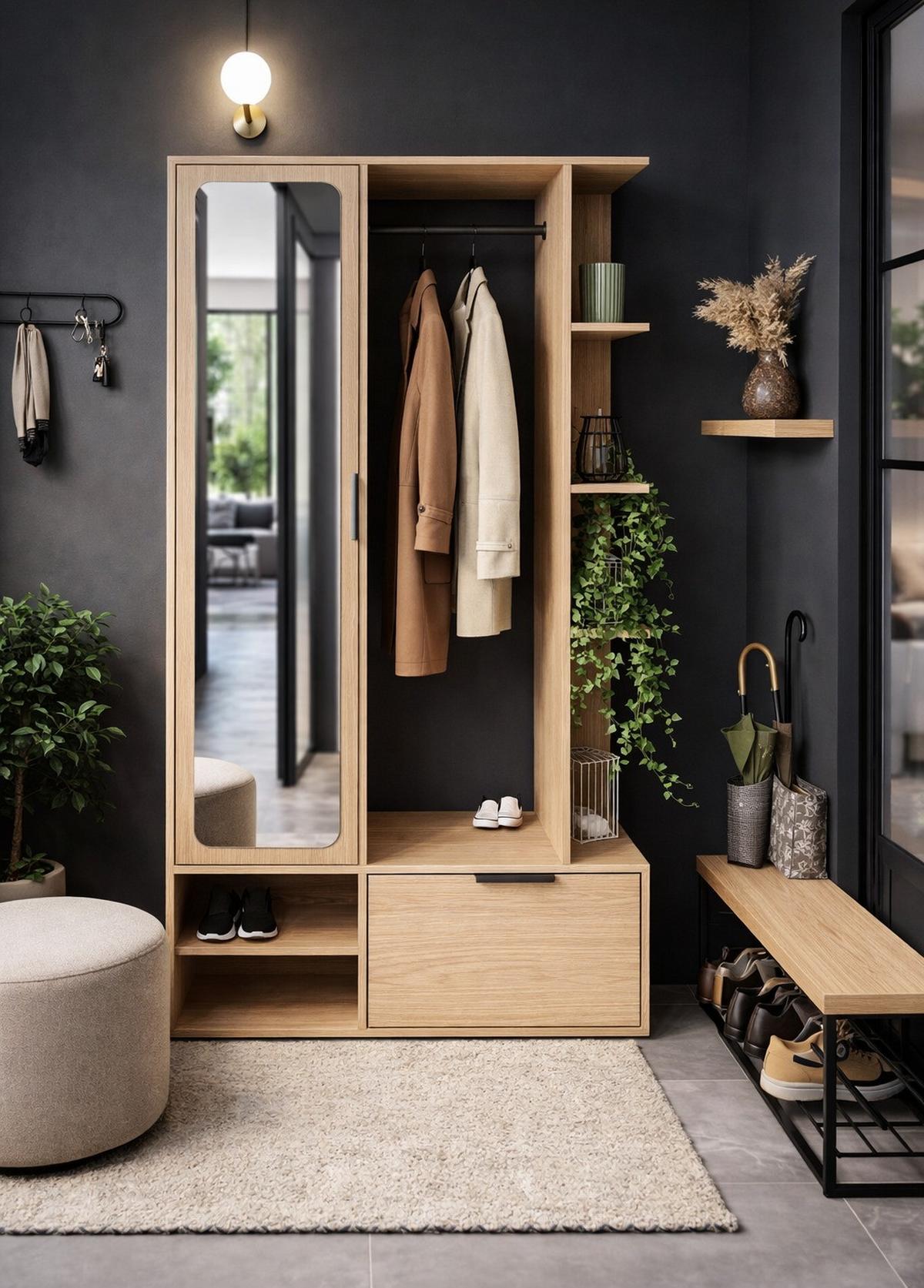 GARDEROBE Mela mit Spiegel, Sitzbank & Kleiderstange – 100/189/33 cm – Eiche Hellbraun - Eichefarben/Schwarz, Holzwerkstoff/Metall (100/189.4/33cm) - WFL GROUP