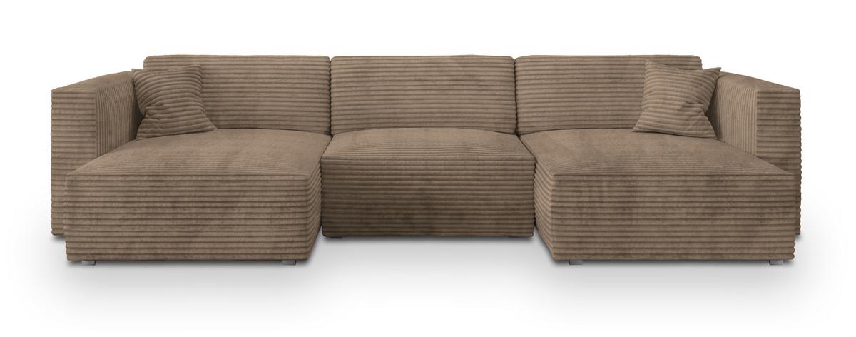 WOHNLANDSCHAFT SARMO Beige Kordstoff mit Schlaffunktion - Beige/Grau, Holz/Kunststoff (347/90/148cm) - MASSENO