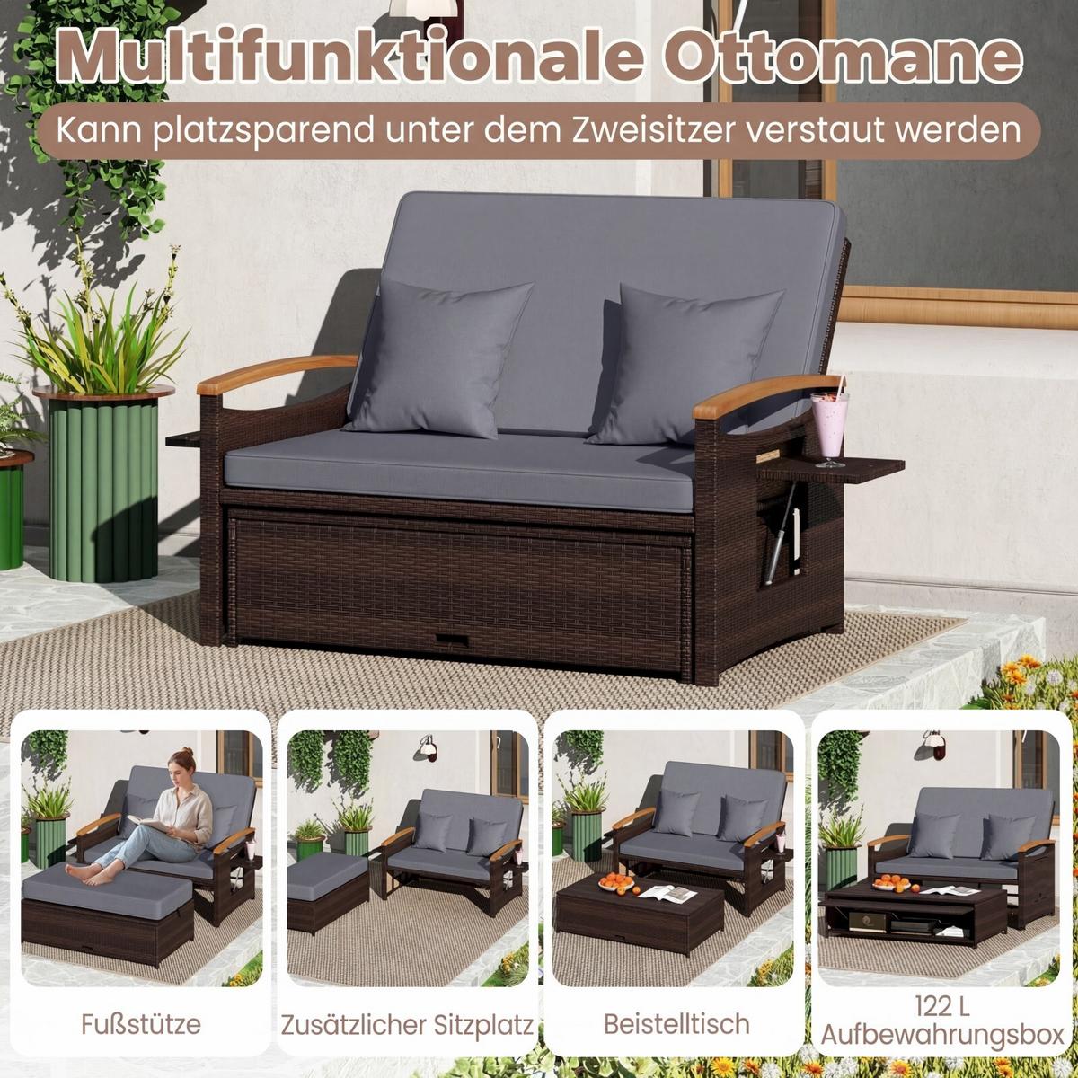 SONNENLIEGE geflochtene Doppel liege grau - Grau, Metall (164/88/72cm) - COSTWAY