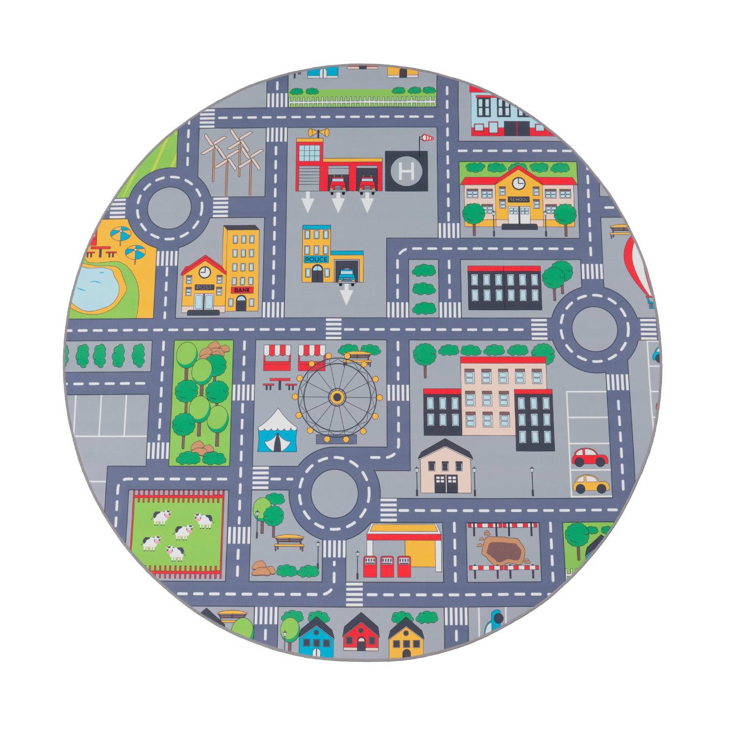 KINDERTEPPICH Waschbar, mit Dorf‑ und Bauernhofplan‑Muster, Grau, Ø 160 cm - Grau, Textil (160/160cm) - KADIMA DESIGN