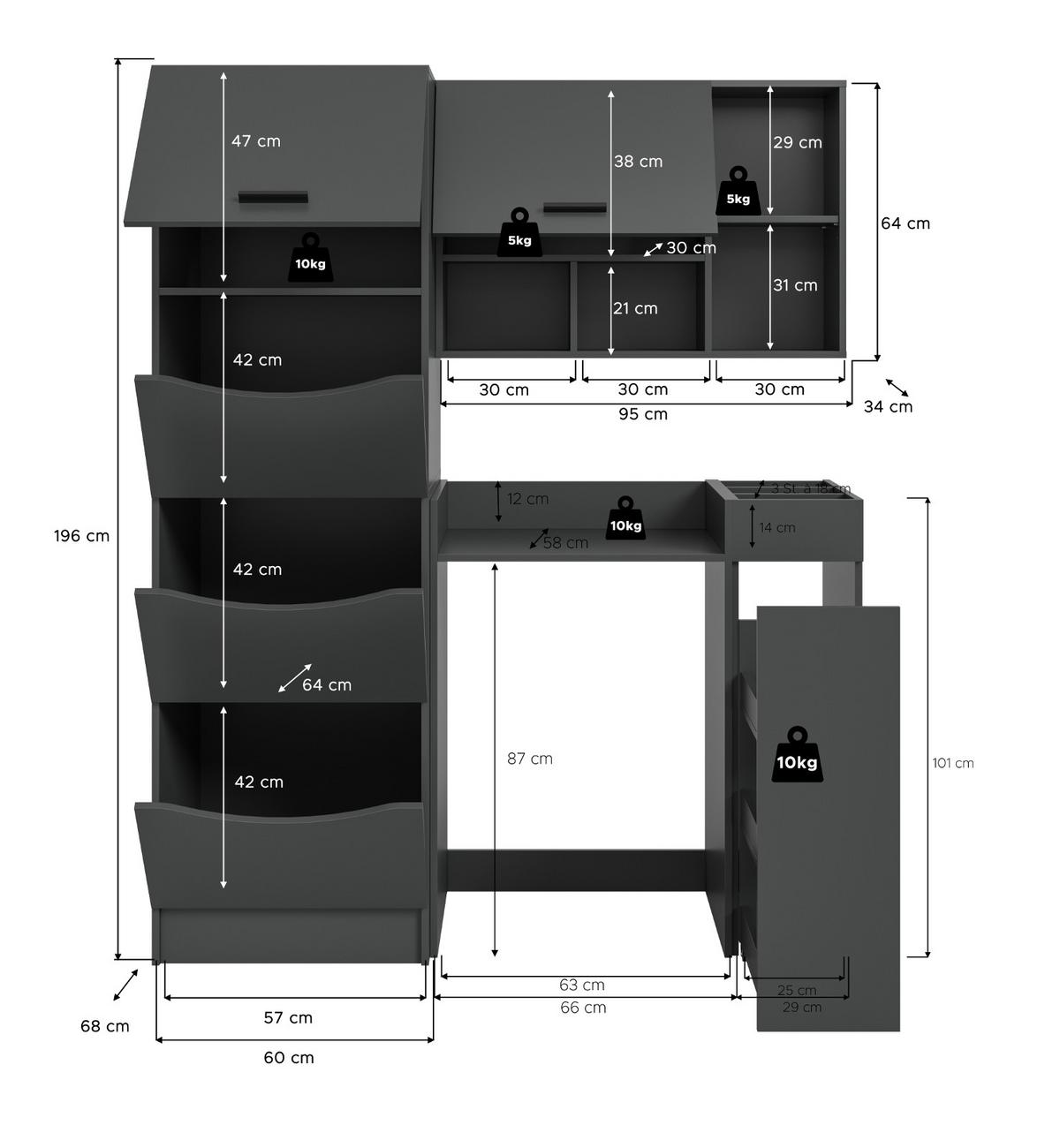 WASCHMASCHINENSCHRANK grau Set 4-teilig 155 x 196 cm, modernes Design - Schwarz/Grau, Holzwerkstoff/Kunststoff (155/196/68cm) - Inn.Furn