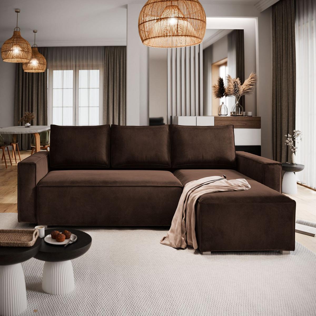 ECKSOFA SILES Braun Velours-Stoff mit Schlaffunktion - Braun/Grau, Holz/Kunststoff (230/140cm) - MASSENO