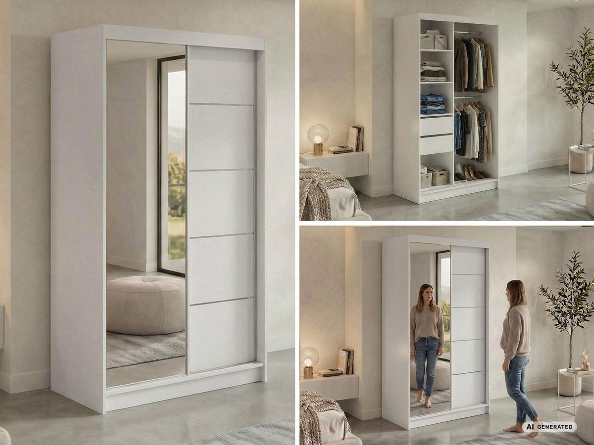 SCHWEBETÜRENSCHRANK mit Schubladen 120 - SKORIA - Weiß mit Spiegel - Alufarben/Weiß, Holzwerkstoff/Metall (120/216/61cm) - MKS
