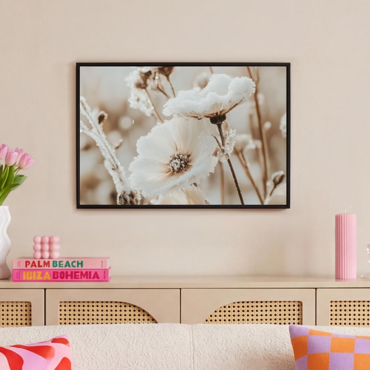 LEINWAND Bilder mit Rahmen - Blumen - Winter - Weiß - Schnee - Beige - 60x40 - Creme, Textil (60/40cm) - MuchoWow