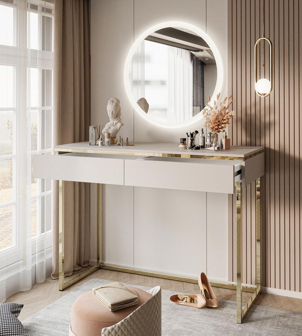 SCHMINKTISCH AURORA GOLD KASCHMIR Schminktisch auf einem goldenen Gestell mit Spiegel - Kaschmir, Holzwerkstoff (102/79/44cm) - Lookway