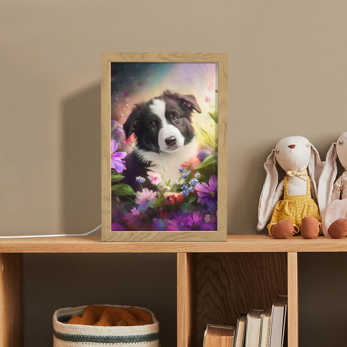 NACHTTISCHLAMPE Welpe - Sonne - Blumen - Natur - Border Collie - Hund 20x30 cm - Violett, Holzwerkstoff (8/20/30cm) - OnlyWow