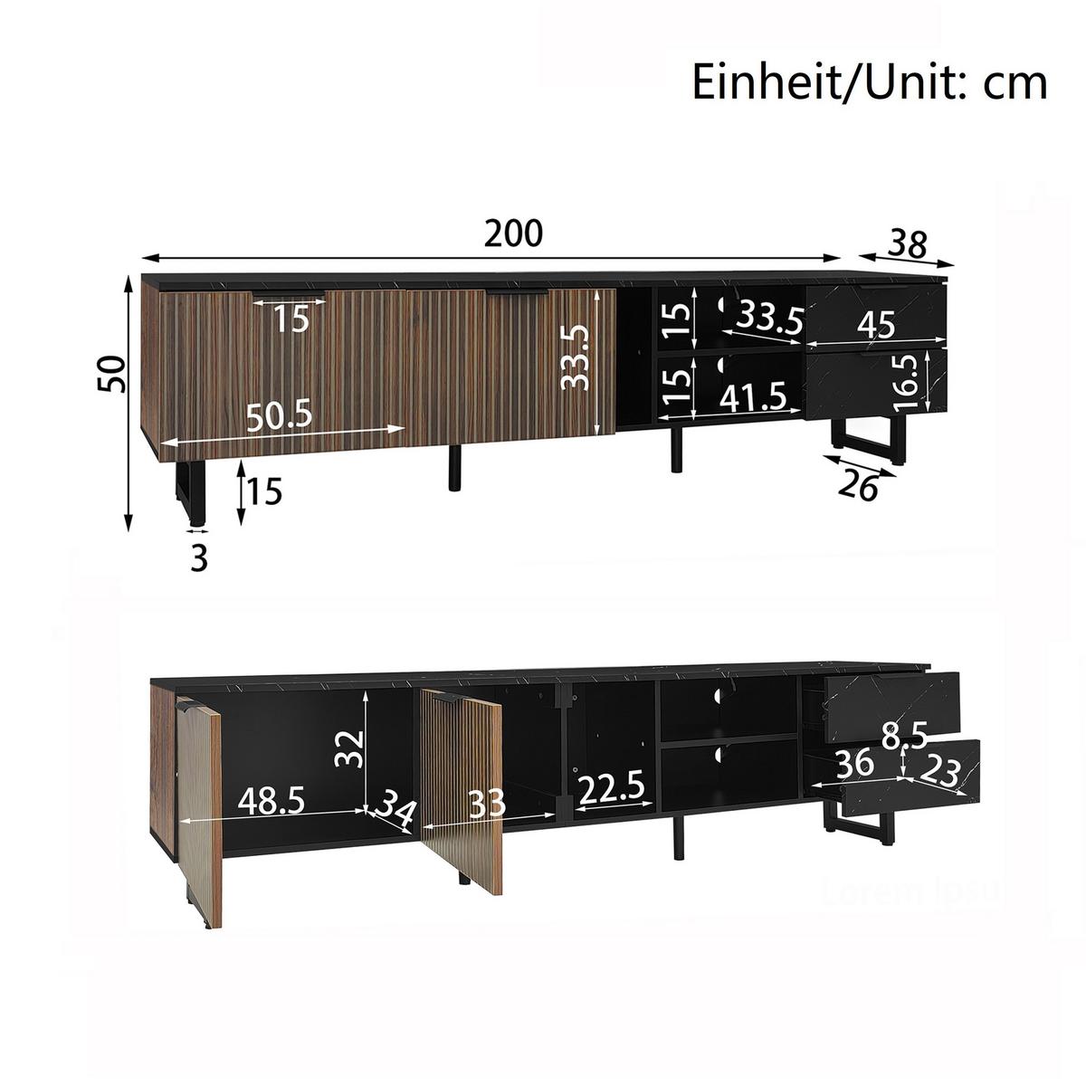 LOWBOARD mit LED, 2 Türen und 2 Schubladen - Dunkelbraun, Holzwerkstoff (200/50/38cm) - Urban Meuble
