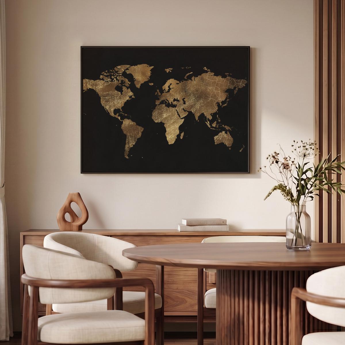 LEINWAND Bilder mit Rahmen - Weltkarte - Gold - Luxus - Erde - Schwarz - 100x70 - Goldfarben, Textil (100/70cm) - MuchoWow