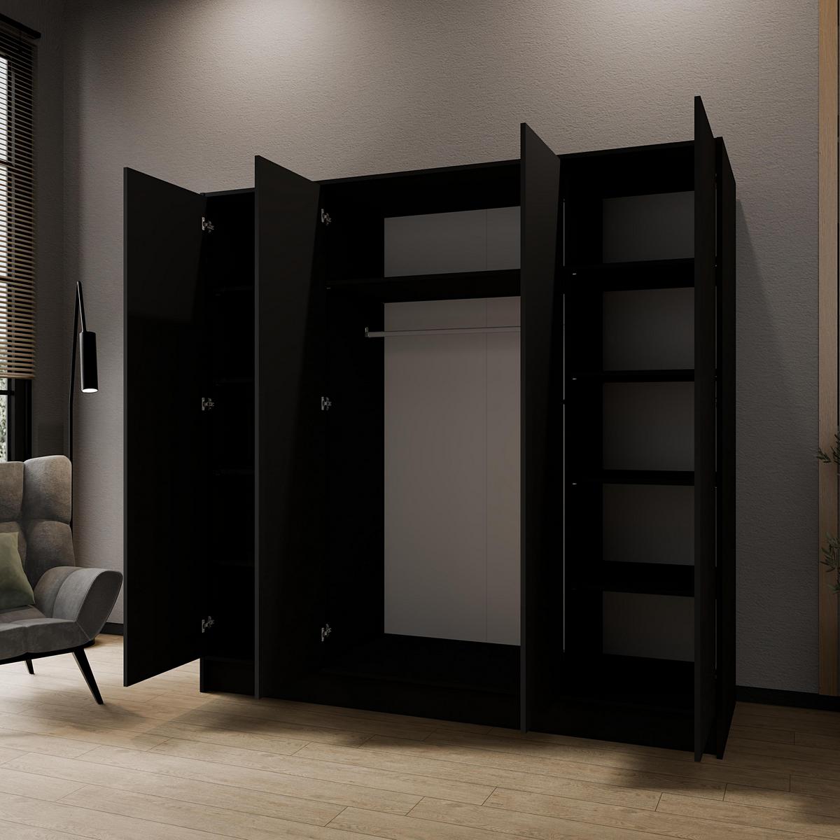 DREHTÜRENSCHRANK VELAR 200/200/51 cm Modern Kleiderschrank 4-türig Schwarz - Schwarz, Holzwerkstoff (200/200/51cm) - MASSENO