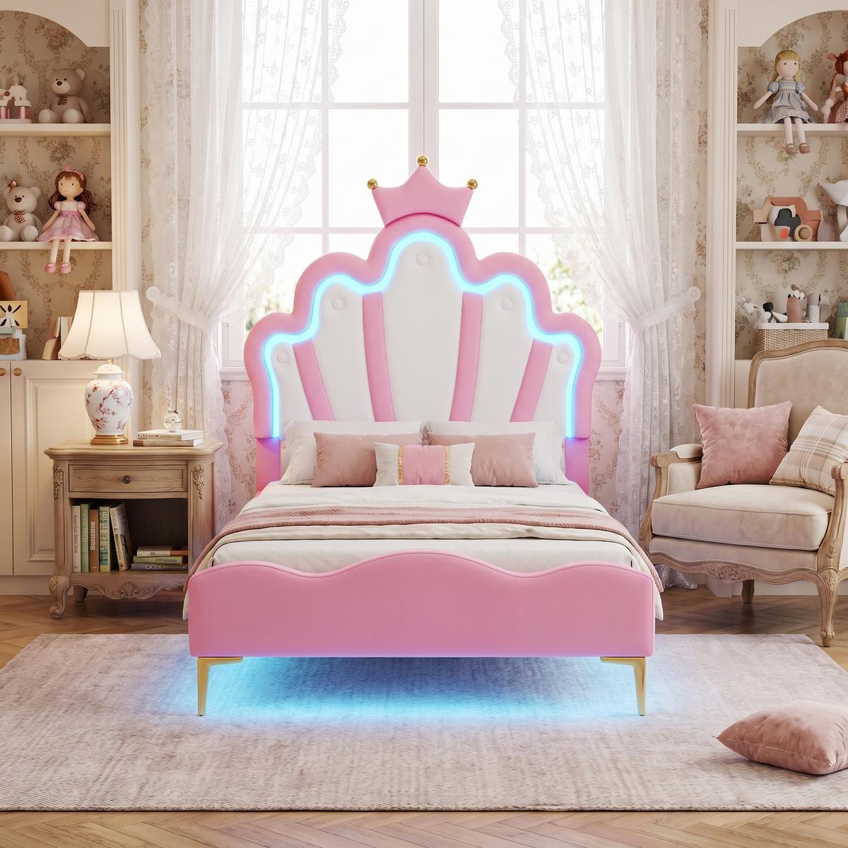 POLSTERBETT pu prinzessinnen design 90x200cm mit led - Pink, Leder (90/200cm) - Urban Meuble